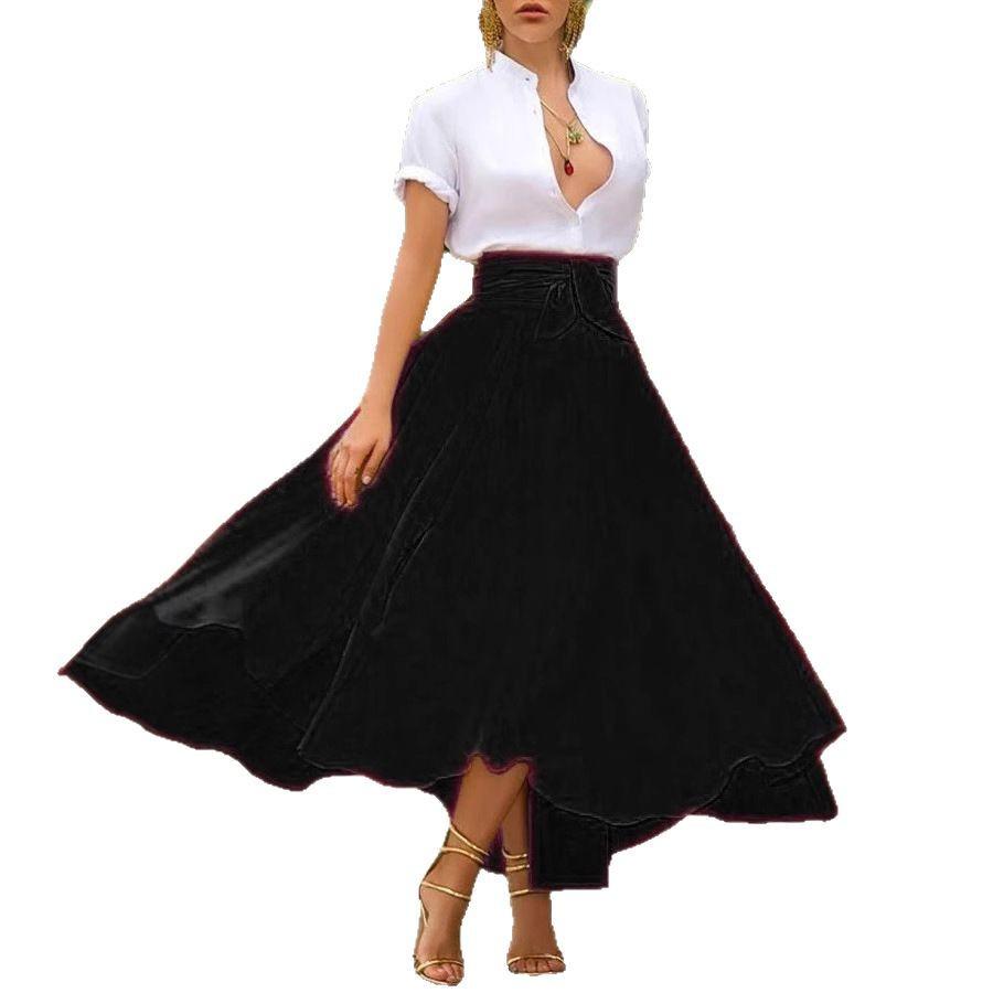 Solid Color Belted Midi Skirt - European and American Style Women's Fashion