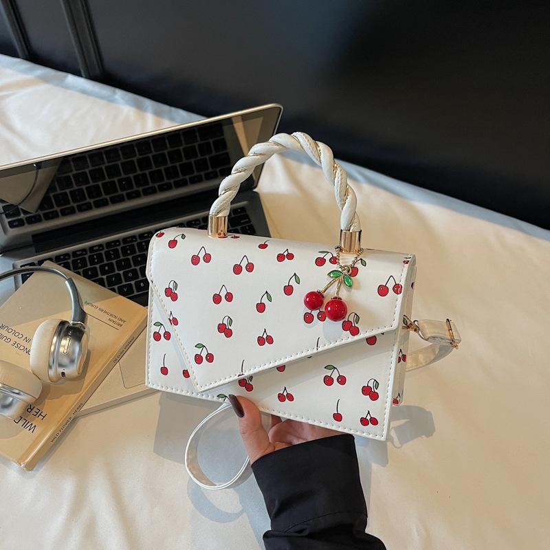 Borsa a tracolla quadrata in ecopelle con stampa ciliegie per donna, borsa a spalla carina