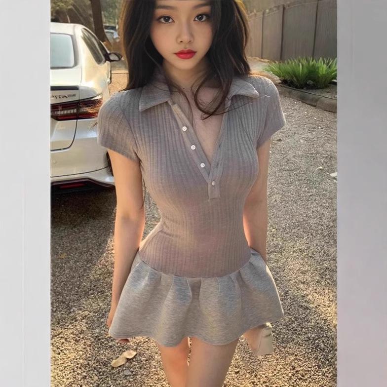 Women's Slim Fit Gray Polo Dress - Short-Sleeved, Waist-Cinching, A-Line Petite Summer Dress