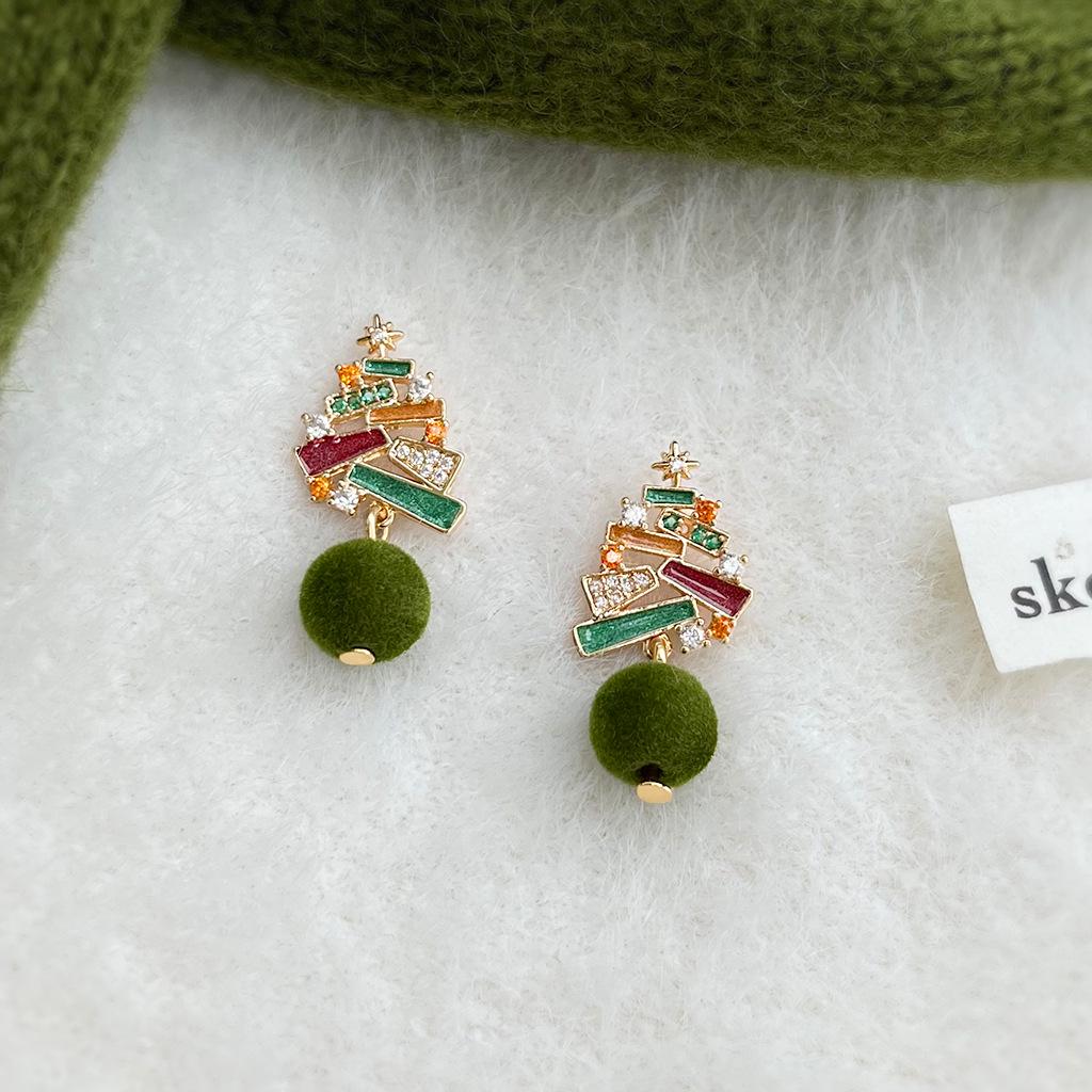Hand-Painted Christmas Tree Zircon Flocking Pompon Earrings - 925 Silver Needle