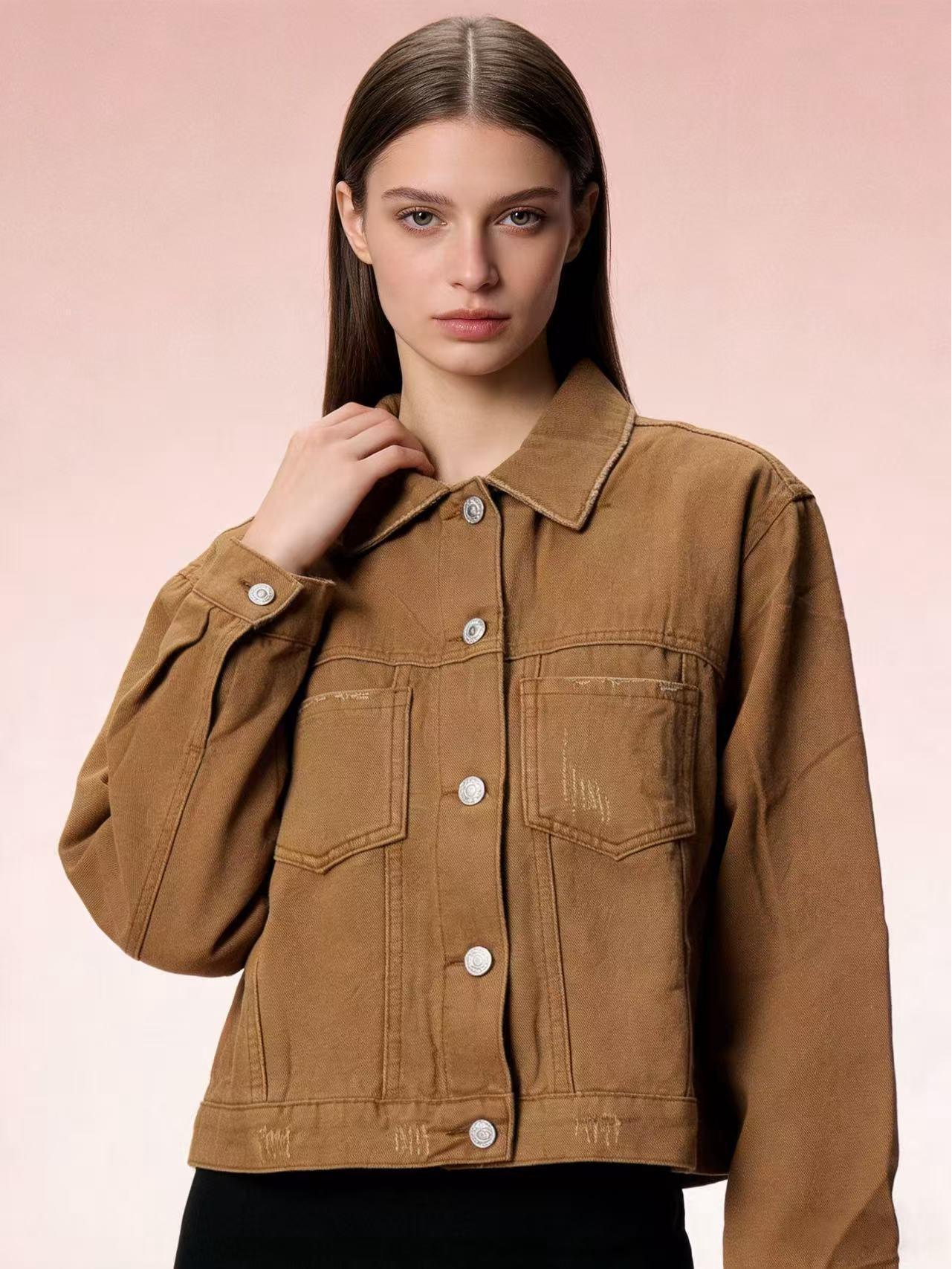 Женская джинсовая куртка свободного кроя: Модный европейско-американский стиль Small коричневый