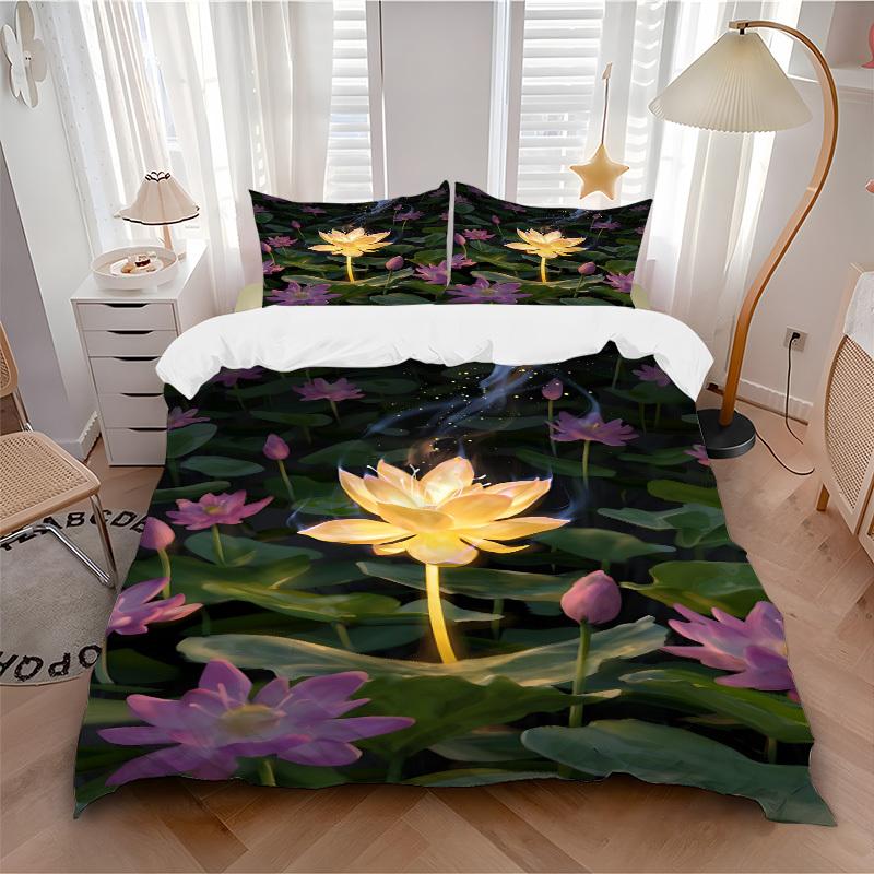 

3pcs Lotus Pond Soft Comfortable Bedding set, For Bedroom, Guest Room And Dorm, All - Season Use, High-Definition Printing187 135x200cm