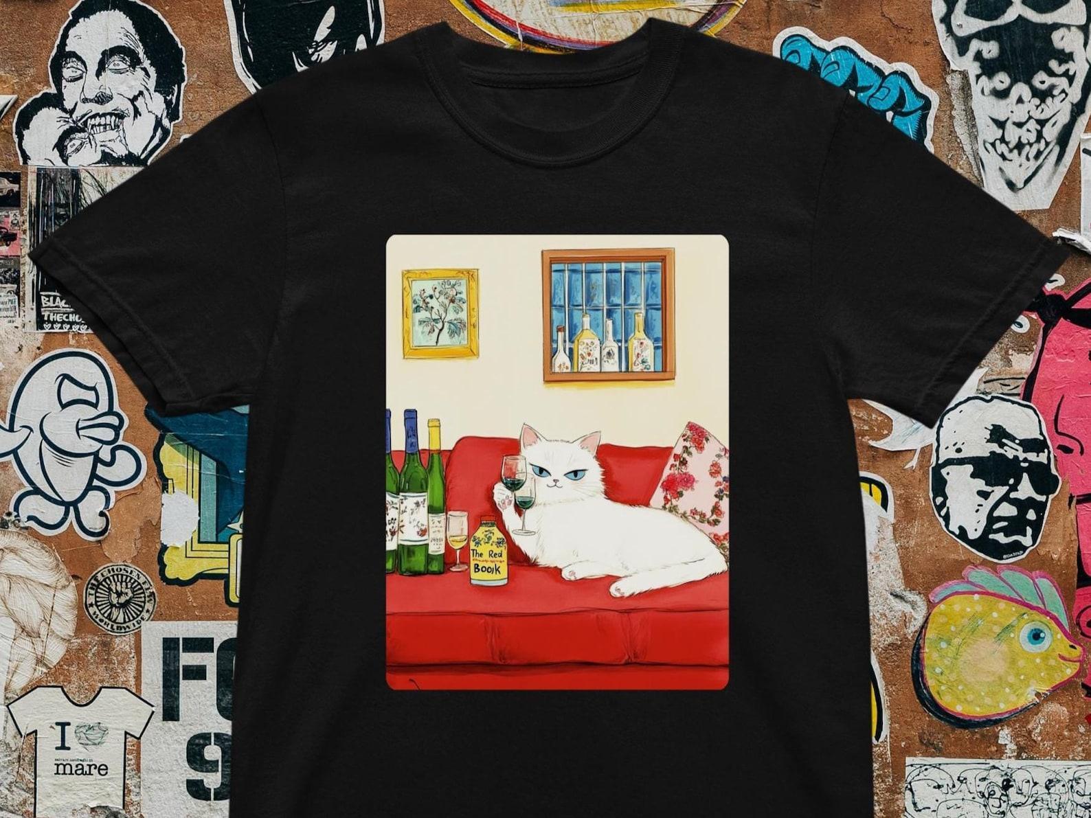 Drunk Cat Graphic T-Shirt: Funny Wine Kitty Tee M