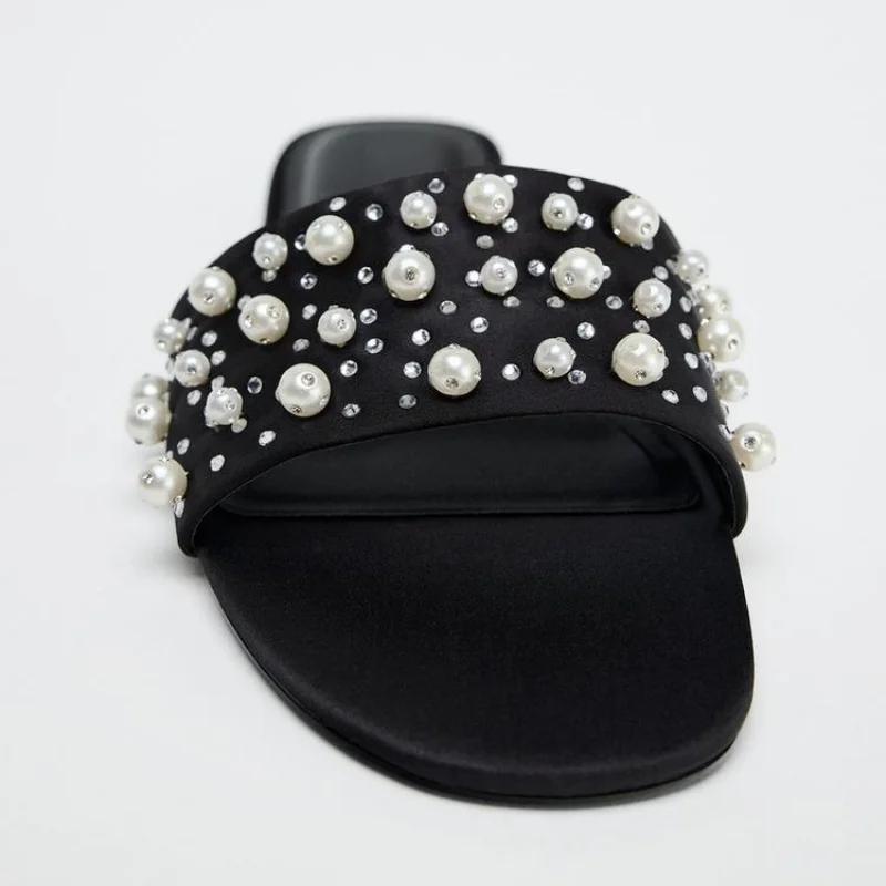 Fashion Sparkling White String Bead Decorative Women Slippers Luxury Pearl Design Peep Toe Slide Sandals Summer Comfortable Flat Sandals