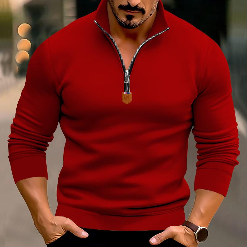 Autumn/Winter Men's Casual Fleece-Lined Solid-Colour Long-Sleeved Half-Zip Stand-Collar Sweatshirt Top