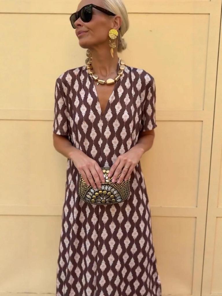 Summer Loose Waist Short Sleeve Mid-Length V-Neck Dress with European & American Ethnic Print