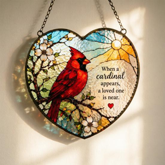 Red Bird Memorial Suncatcher Stained Glass Style Bird on Branch Window Hanging Decor Gift for Loss of Loved