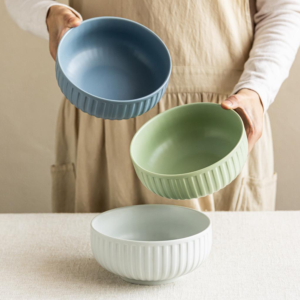 Simple Wind Relief Vertical Pattern Salad Bowl Ceramic Household Bowl Tableware Round Bowl High-End Large Rice Bowl