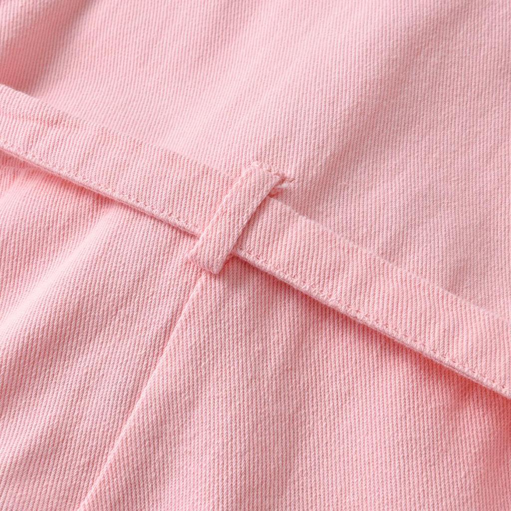 Girls' Pink Denim Short-Sleeve Jumpsuit with Turn-Down Collar