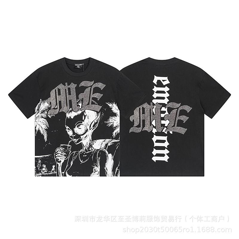 Unisex Vintage American Style Loose Fit Cotton Tee With Embellished Letter Print Round Neck Short Sleeve