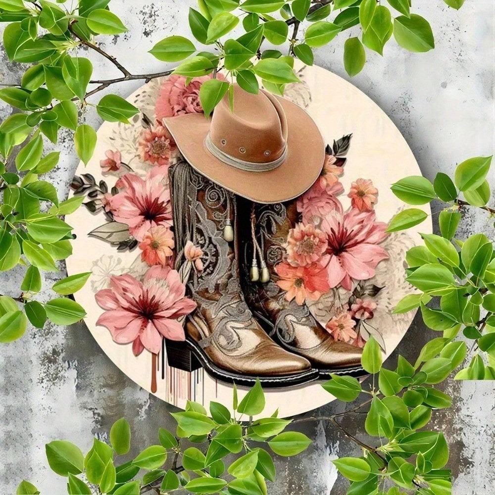 Vintage Floral Tin Sign 8x8 Inch, Pink Retro Boots Metal Wall Art, Rustic Home Bar Cafe Decor, Iron Sheet Plaque