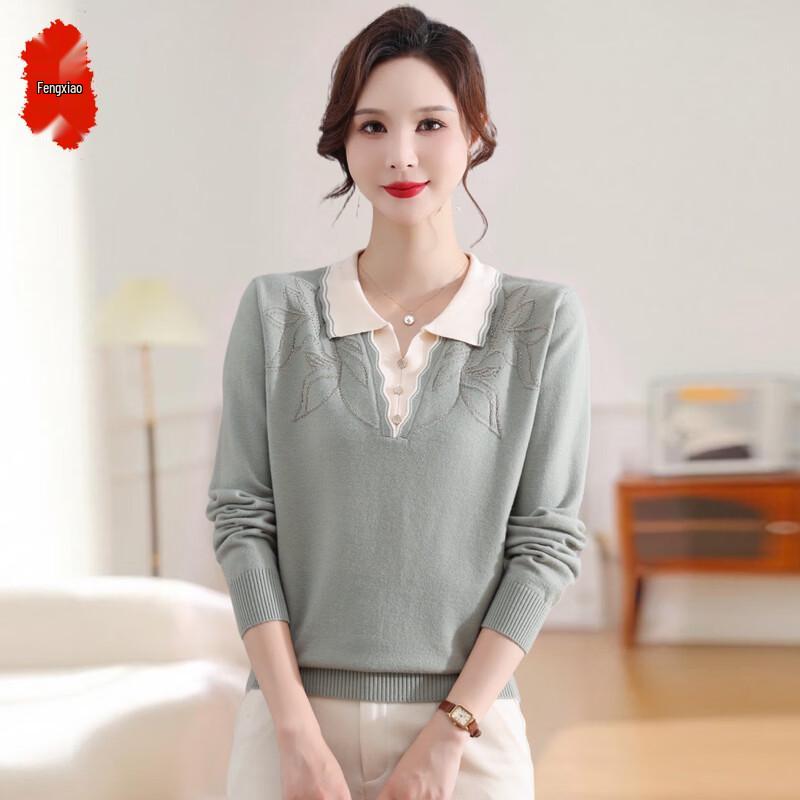 Middle-aged Women s Floral Knitted Long Sleeve Top 2XL