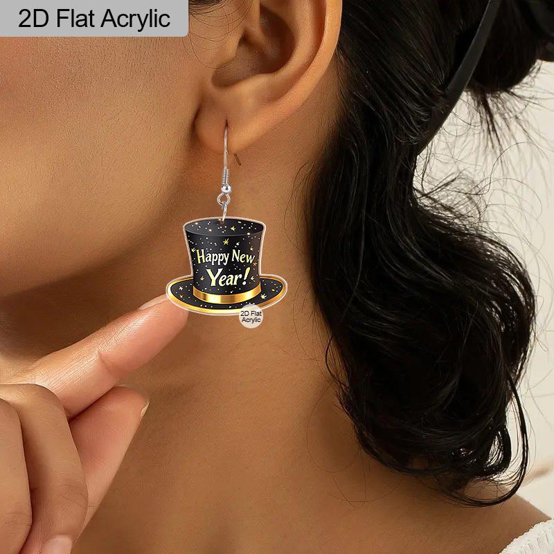 2D Flat Happy New Year Bowler Hat Dangle Earrings, Lightweight Acrylic Material, Ideal for Party Gifts, Jewelry, and New Year Gifts.