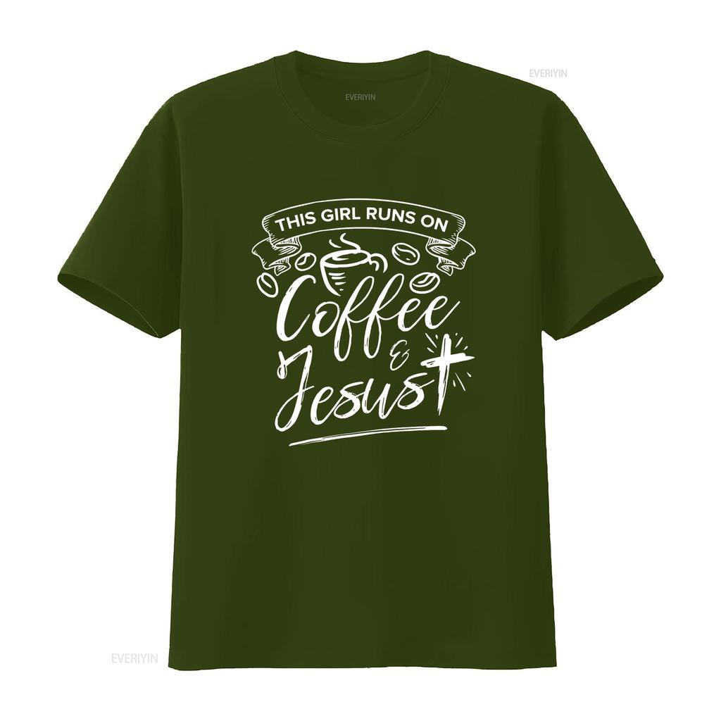 This Girl Runs On Coffee And Jesus T Shirt Faith Lover  vintage Washed Comfortable Top For Everyday Wear Casual Stretched