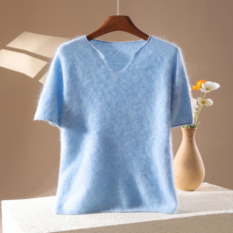 2026 A/W Women's V-Neck Cashmere Wool Knit Short Sleeve Sweater
