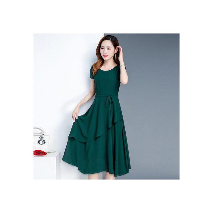 

New summer waist and thin age reduction slim temperament medium and long A-shaped round neck large size dress for women 4XL темно-зелений колір