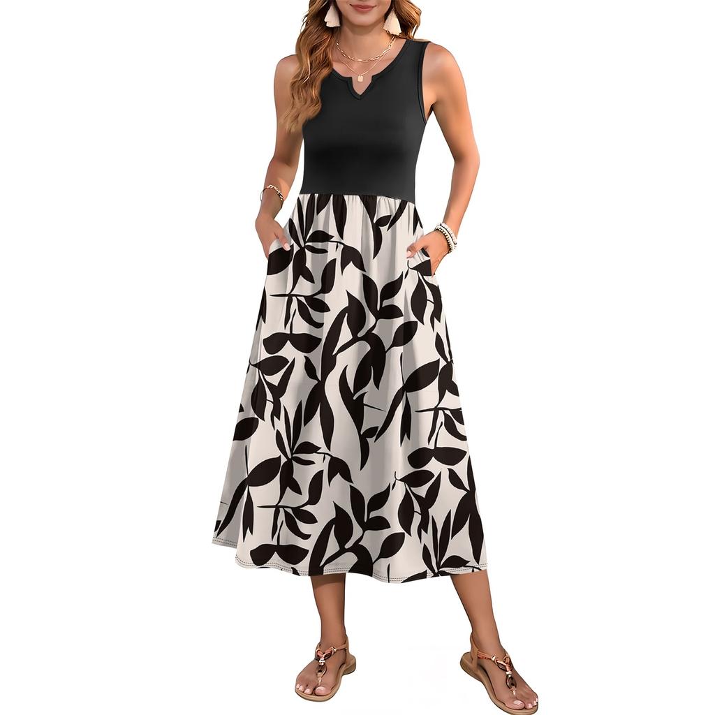 Women's Floral Print High Waist Fashionable And Elegant Sleeveless Dress