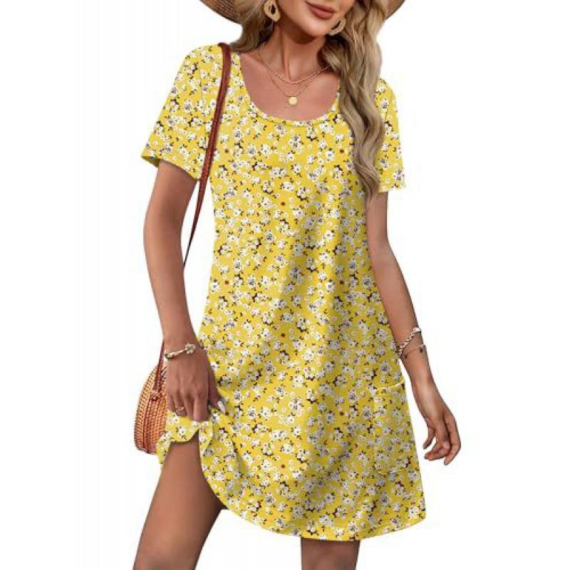 2026 Womens U-Neck Printed Midi Dress Casual Loose Fit Everyday Wear