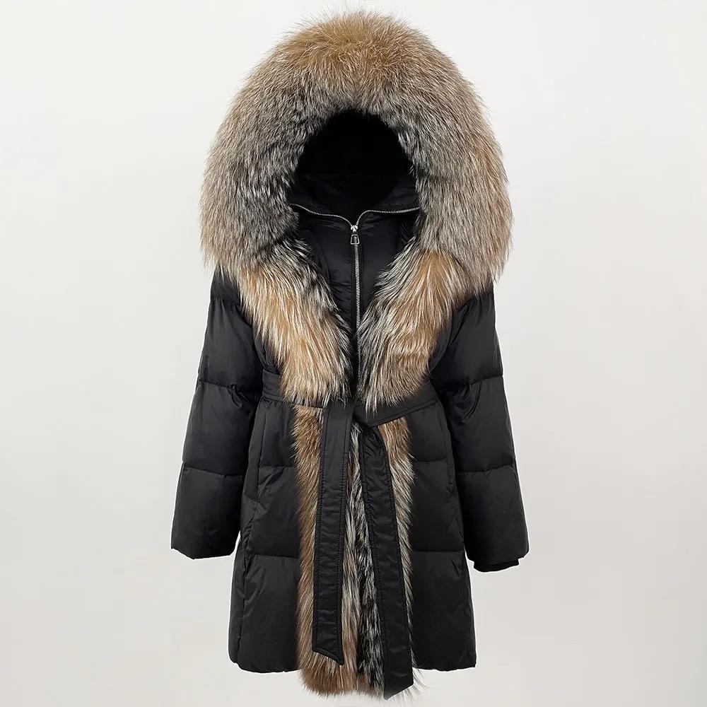 

OFTBUY 2024 зимняя куртка женская с натуральным воротником из натурального меха лисы и капюшоном, пуховое пальто из белой утки, толстая теплая уличная повседневная верхняя одежда L