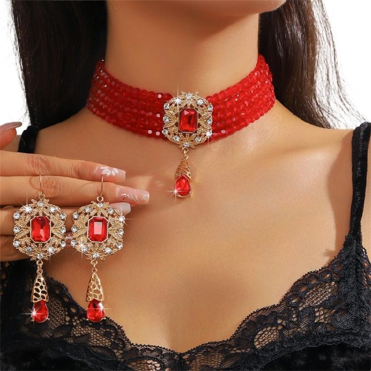 

Trendy Crystals Embellished Multiple Strands Collar Necklace And Earrings Jewelry Set красный