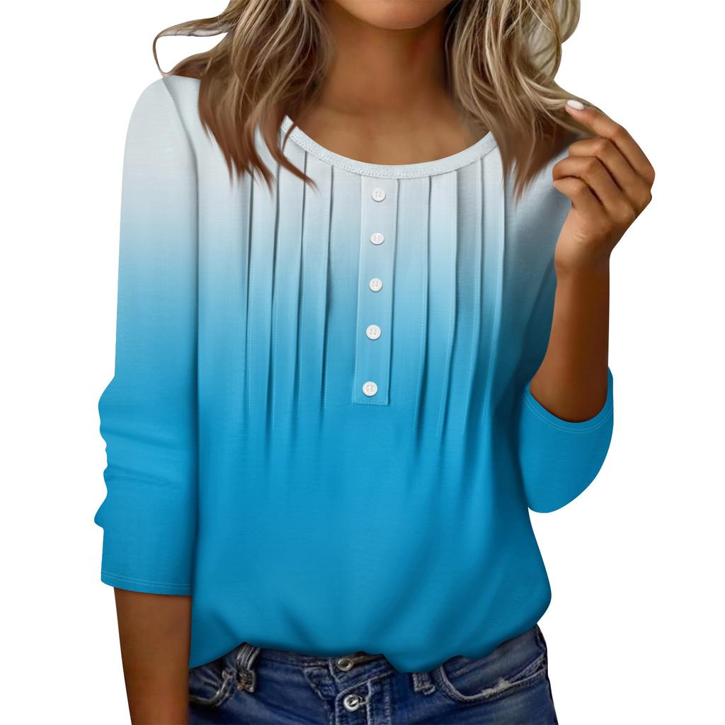 Dames Rund Hals Pull Stripe Dekorativ Knapp Topp Casual Ensfarget 3/4 Ermet T-skjorte