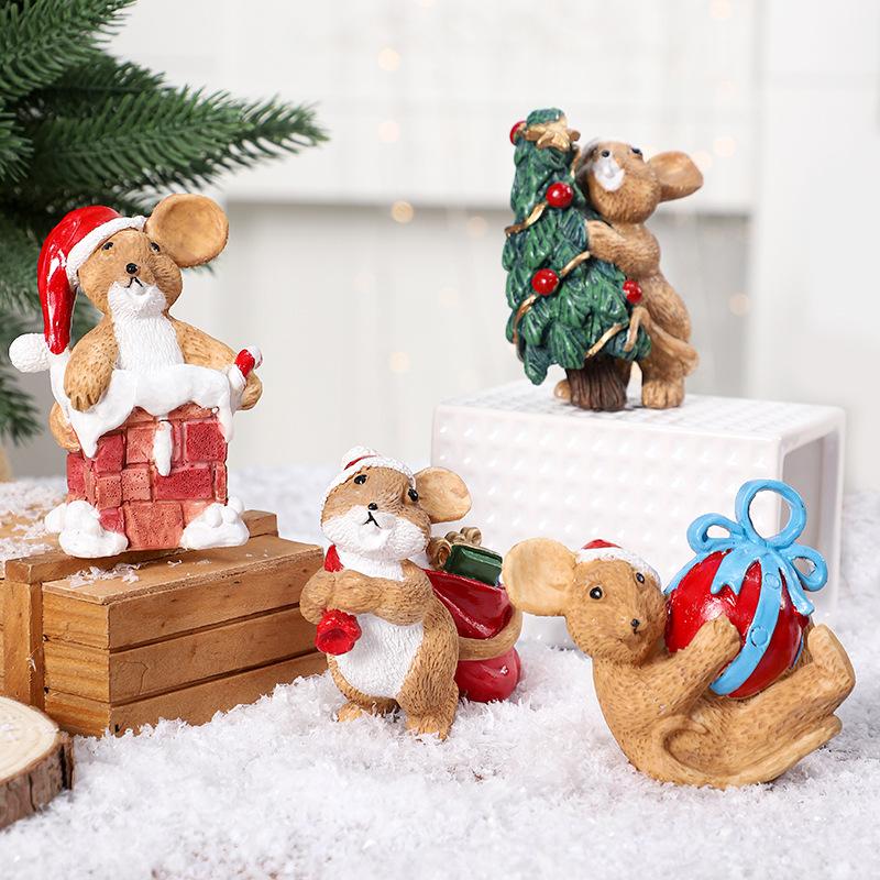 Cute Painted Mouse Christmas Decor, Resin Desktop Garden Ornaments, Festive Figurine for Home Shelf Display