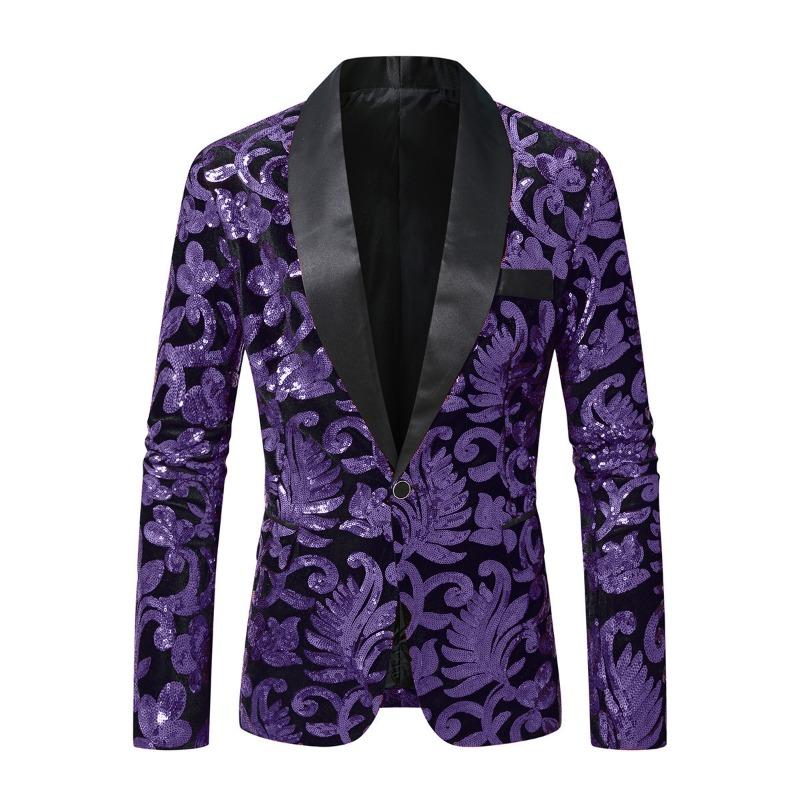 Mens Sequin Velvet Blazer Jacket Fashion Party Stage Performance Nightclub Suit Coat