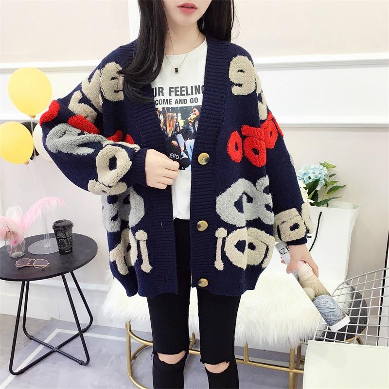 Autumn and Winter Explosion Personalized Letter Jacket Contrasting Colors Large Version Sweater Cardigan V-neck Fashion Lazy Style