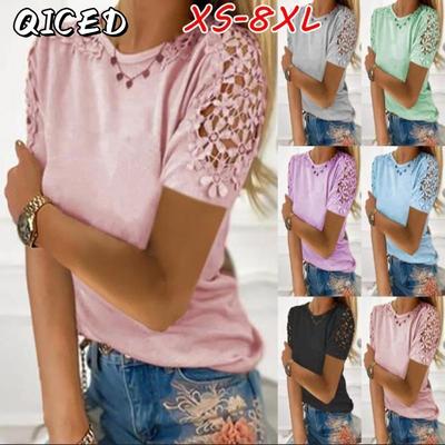 Women's Fashion Casual Solid Color Print Short Sleeve O-Neck Blouses & Shirts