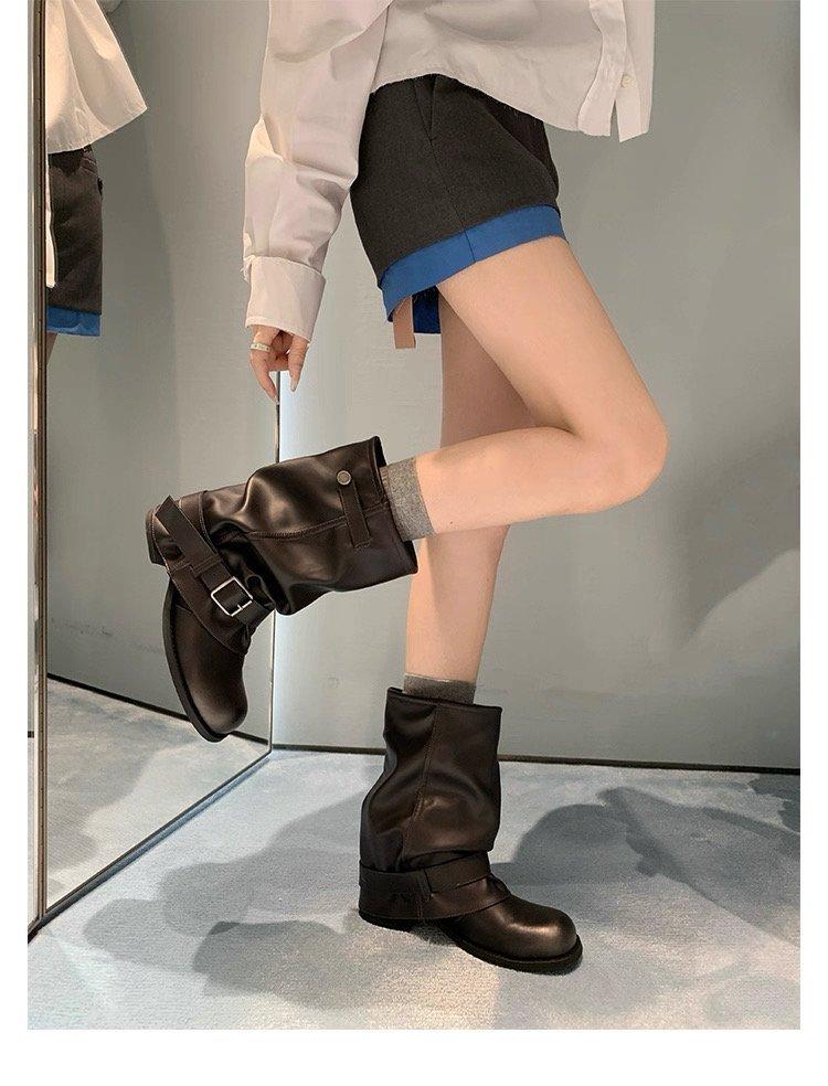 Women s Boots 2026 Spring and Autumn New Western Cowboy Boots Women s Folded Stacked Boots Retro Fashion Coarse Heel Boots 35