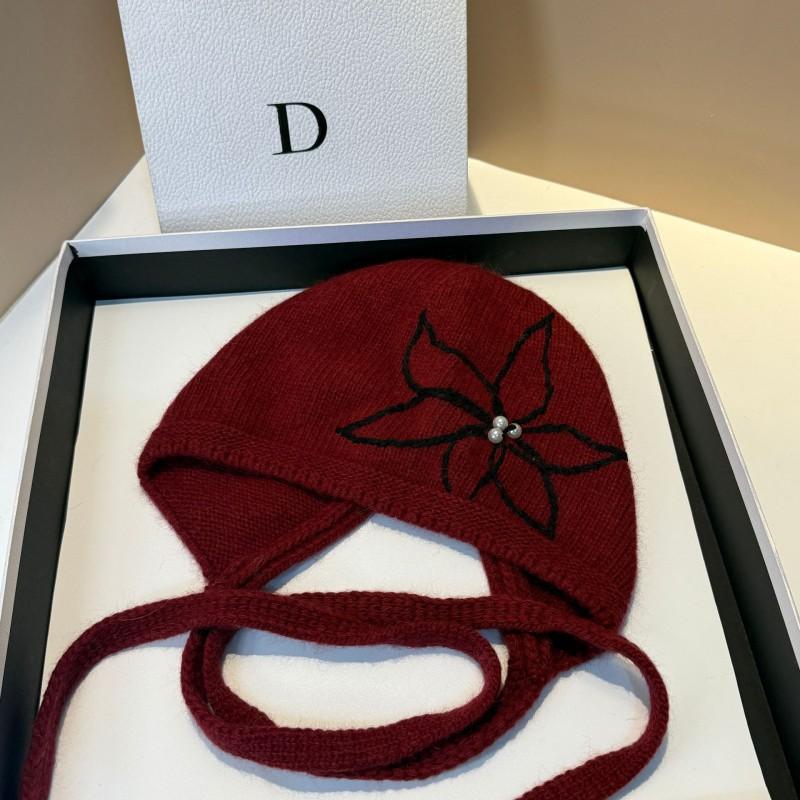 2026 Womens Rabbit Fur Knit Hat Floral Embroidery Ear Flap Tie Winter Warm Beanie