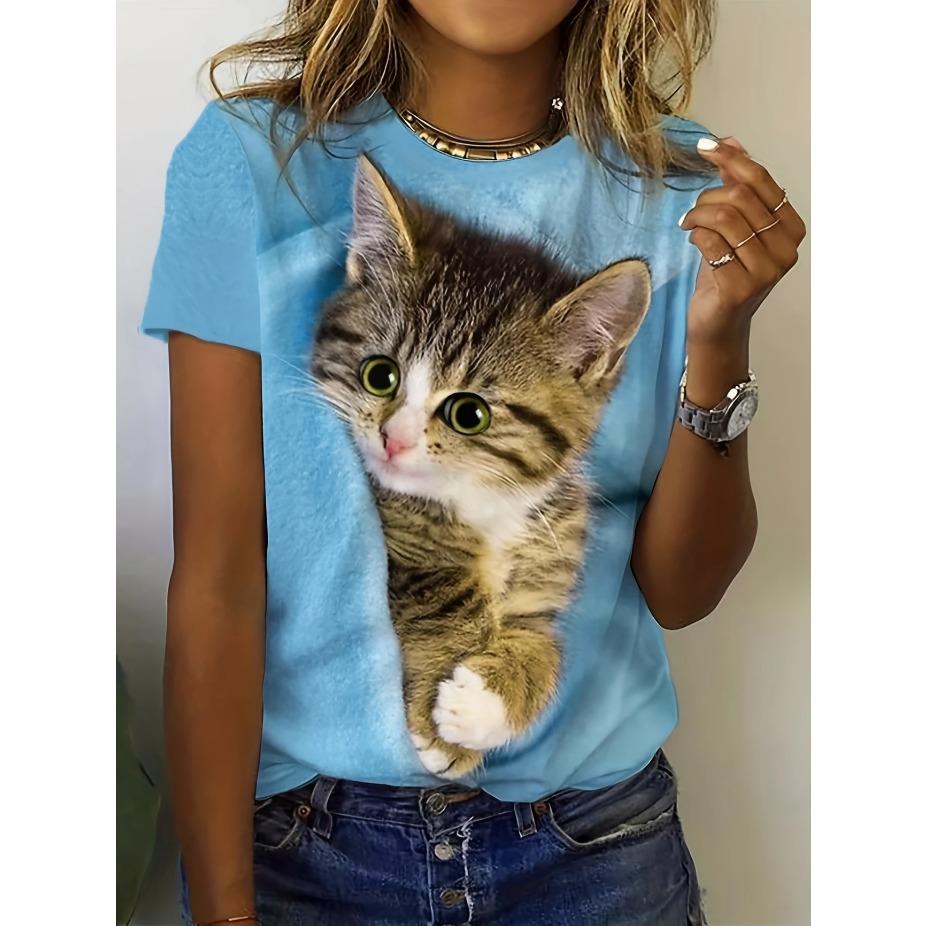 3D Katzenprint Freizeit-T-Shirt Damen Lässiges Kurzarm-Rundhals-T-Shirt mit 3D-Katzenprint, Modisches Oberteil für den täglichen Gebrauch