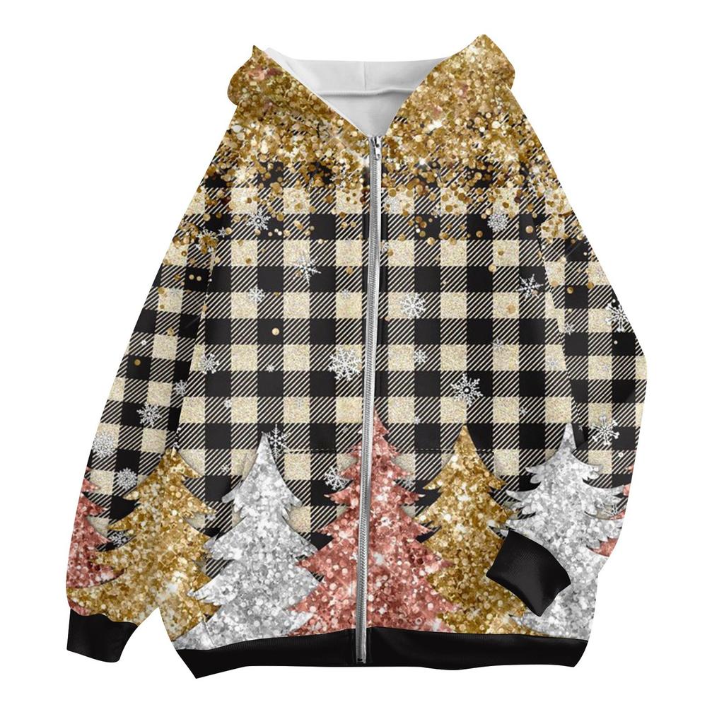Women's Fashion Casual Christmas Print Long Sleeve Sweatshirt Pocket Jacket Zipper Hoodie Coat