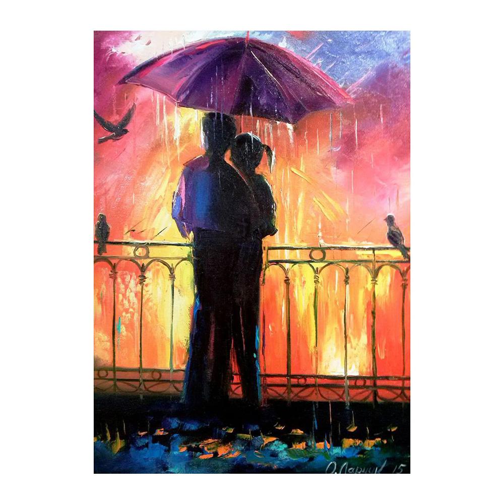 Nordycki Jesienny Deszczowy Pejzaż Plakat Płótno Obraz Olejny Zakochani Spacerujący Obraz Ścienny do Nowoczesnego Salonu Dekoracja Domu