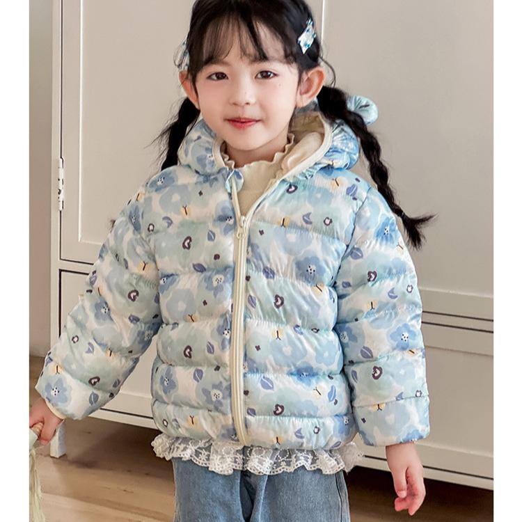 autumn cute Flower print coats Girls' warm cotton-padded children's clothes fashion style blue winter baby girl thickened short cotton-padded jacket