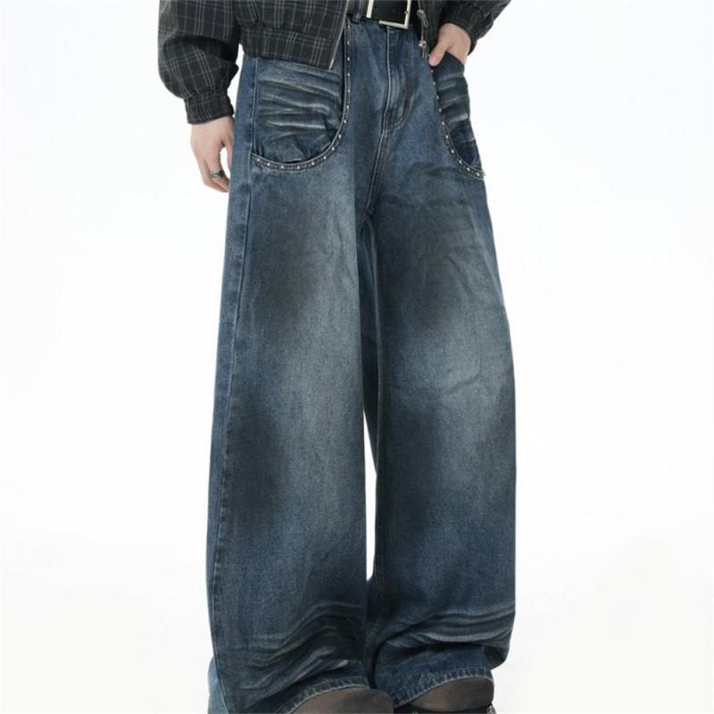 Mens Straight Leg Jeans High Street Punk Distressed Denim Pants With Rivets Pockets Casual
