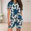 Women Plus Size Blue Rose Floral Printed Round Neck Short Sleeve Two Piece Fitted Shorts Set