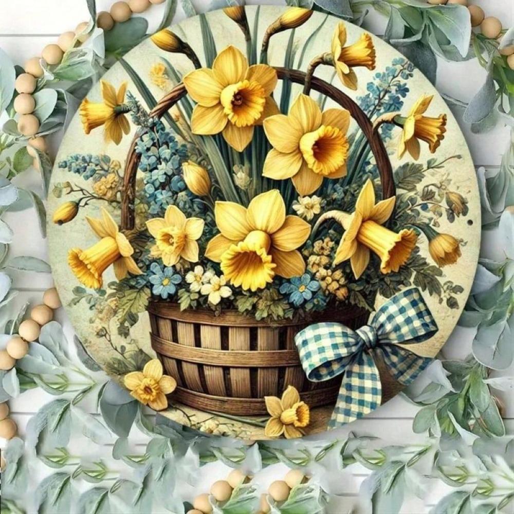 Round Metal Sign Narcissus Spring Wreath Waterproof Wall Door Decor
