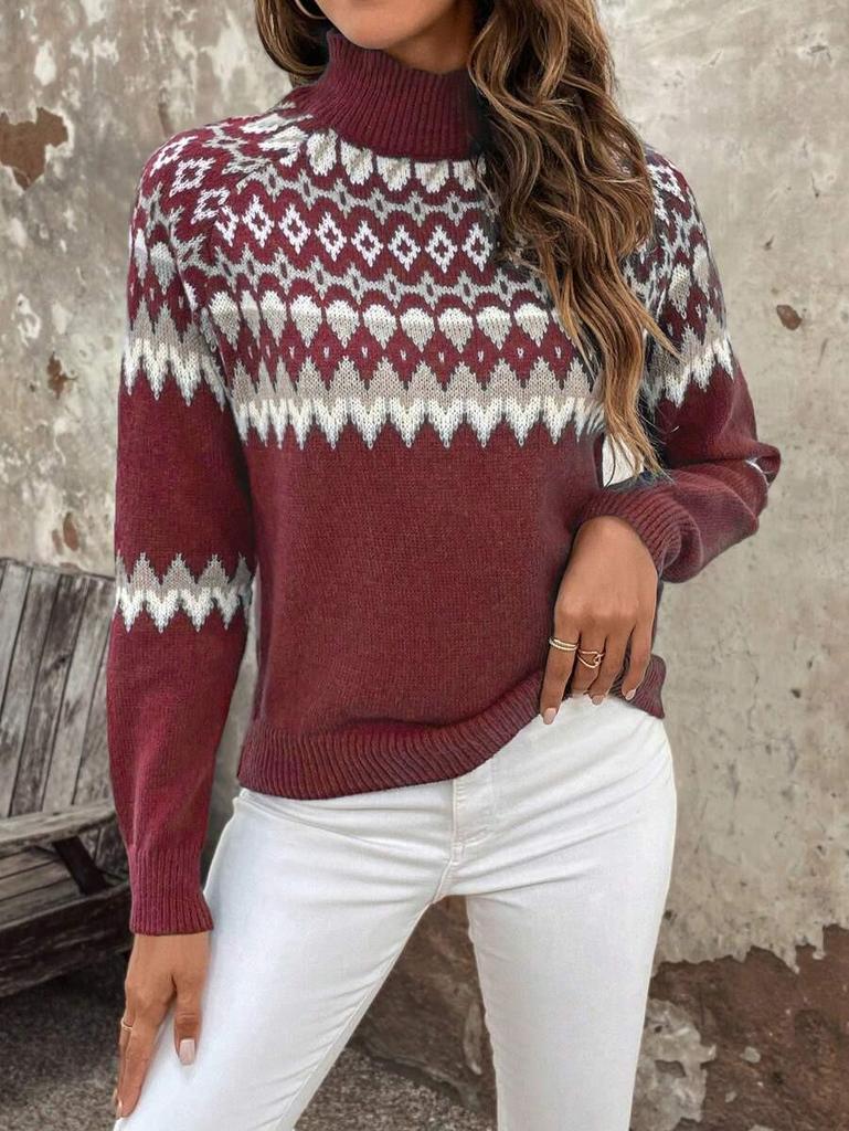European Style High Neck Jacquard Sweater - Women's Autumn/Winter 2025 Fashion Long Sleeve Knitwear