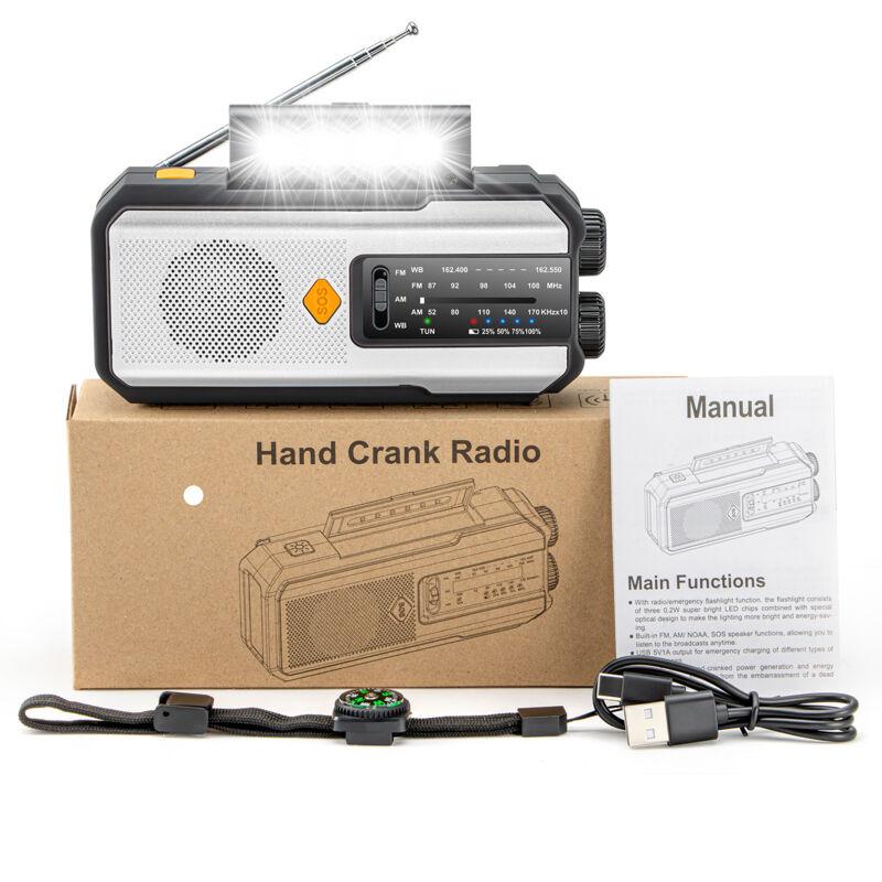 Solar Hand Crank Emergency Radio 2000/5000mAh, LED Lamp, SOS Alarm, Waterproof Power Bank for Outdoor Use