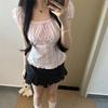 Korean Sweet Square Neck Shoulder Bubble Sleeve Front Shoulder Short Sleeve Shirt Women's Summer Bow Shirt Pink Top