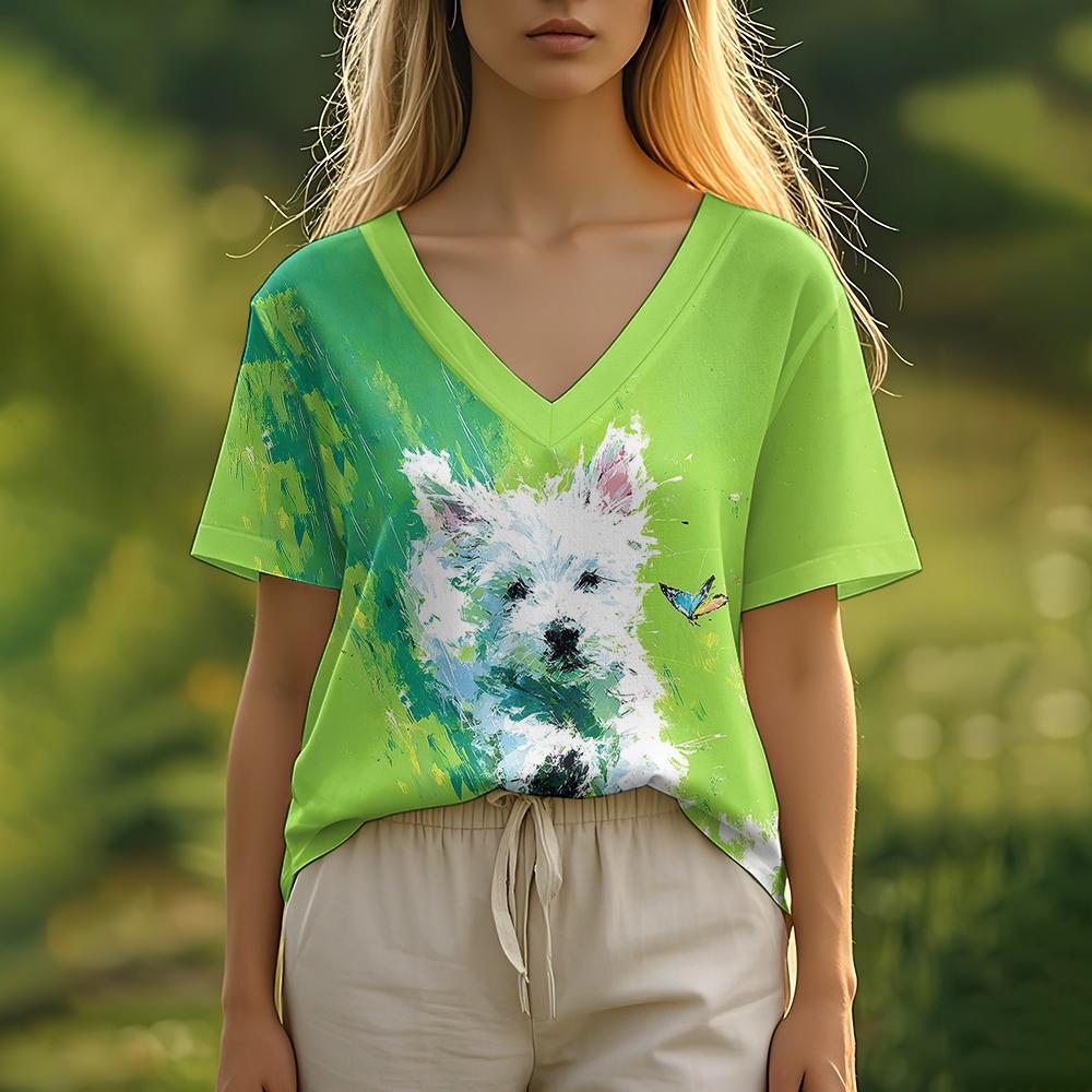 Summer Women's T-Shirt Oil Painting Puppy Print Casual Short-Sleeved 3d T-Shirt Fashion Street Wear V-Neck Pullover Oversized Wo