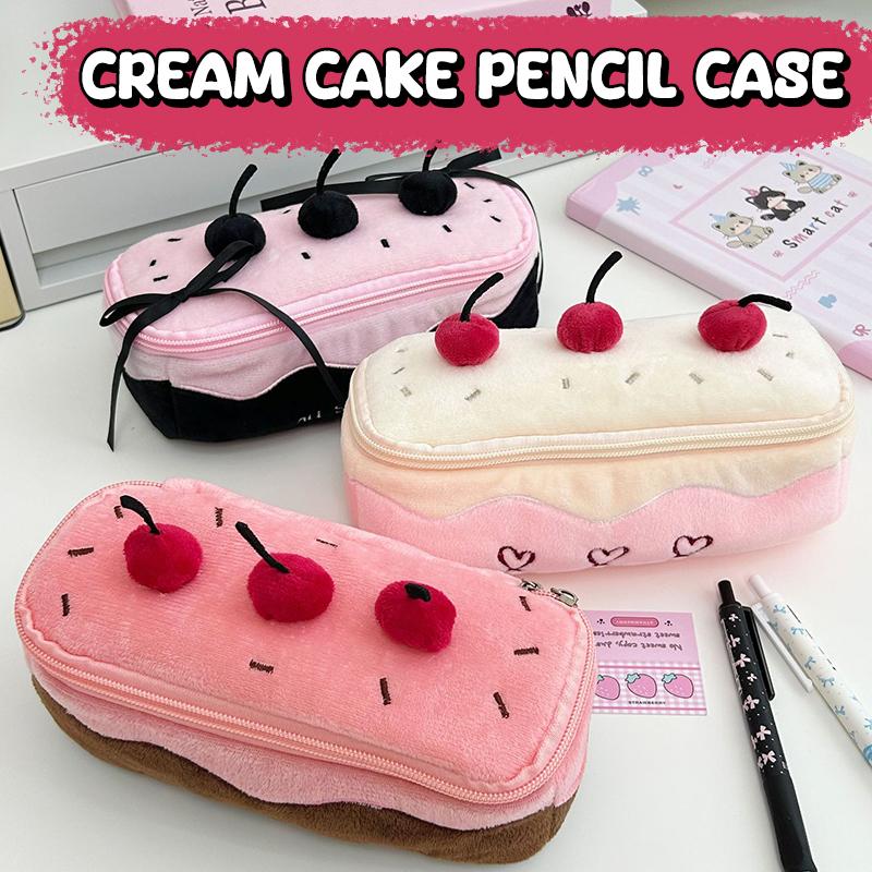 Nouveau Sac à Stylo en Peluche Étui à Crayons Gâteau aux Cerises Trousse à Crayons Grande Capacité Fournitures Scolaires Boîte à Crayons