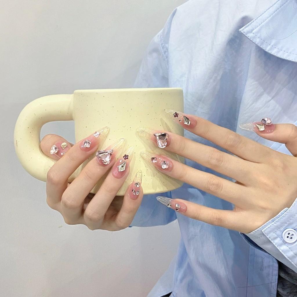 HANDMADE Artificial Nail French Heart Diamond Gradient Ice Pattern Almond Phototherapy Nails Fake Nails Reusable and Removable Nails