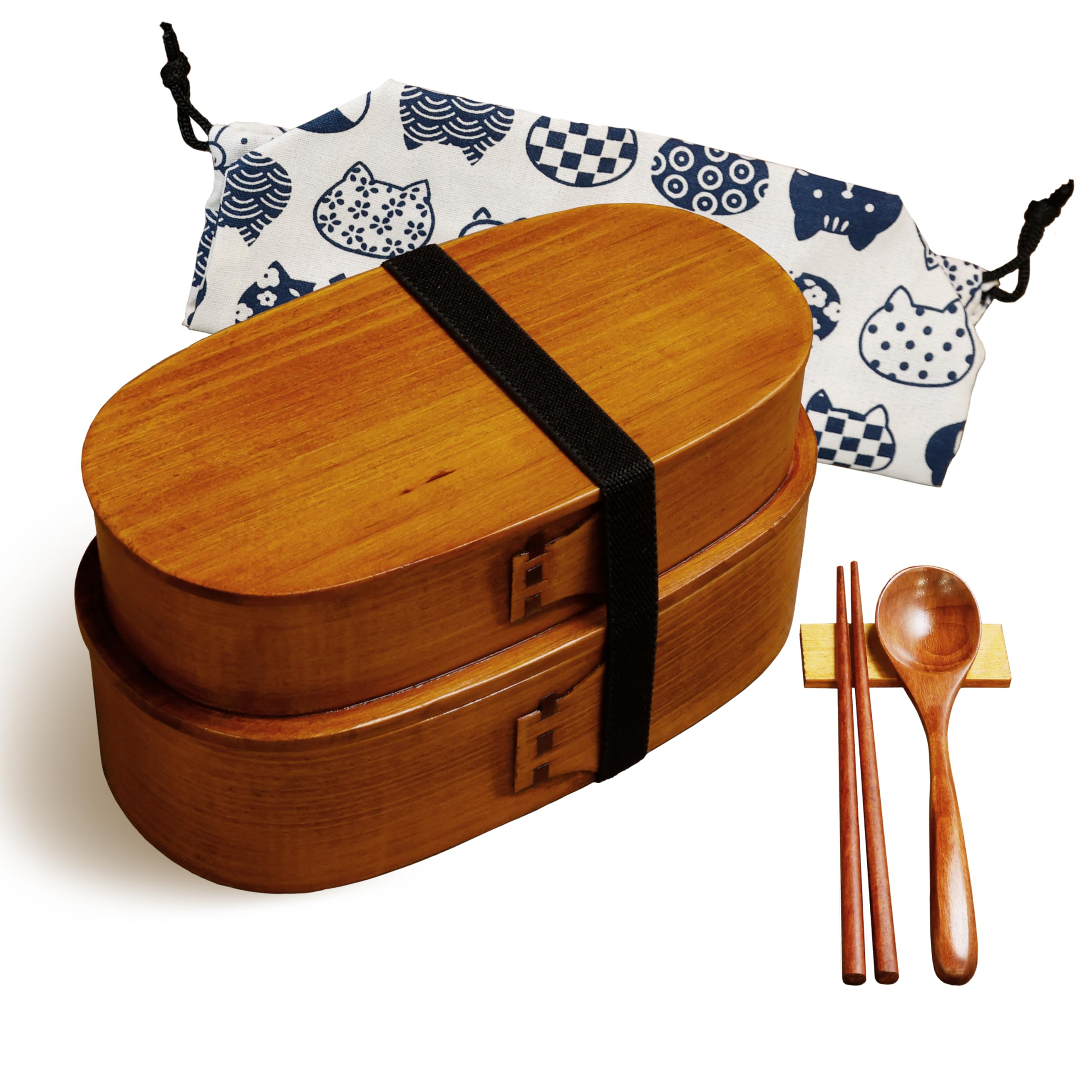 KIKUMO Bentwood Two-Tier Bento Box, 900ml, Natural Lacquer Finish, Lightweight (220g), Includes Wooden Chopsticks and Spoon Set, for Commuting and Out