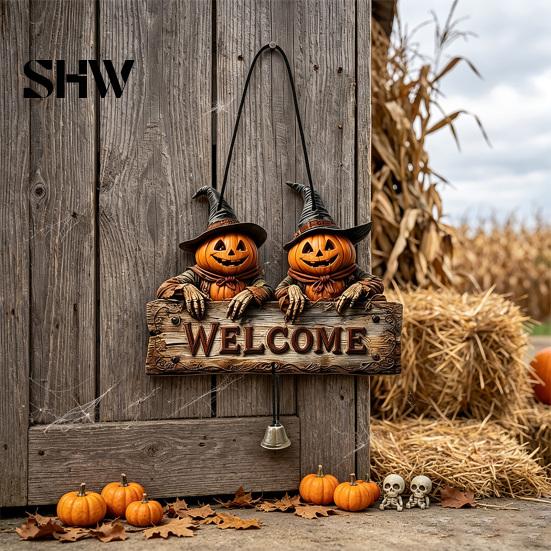 Handmade Retro Wood Craft Halloween Wooden Welcome Hanging Sign, Vintage Farmhouse Door Hanger with Skeleton Pumpkin Rustic Holiday Sign Ghost,