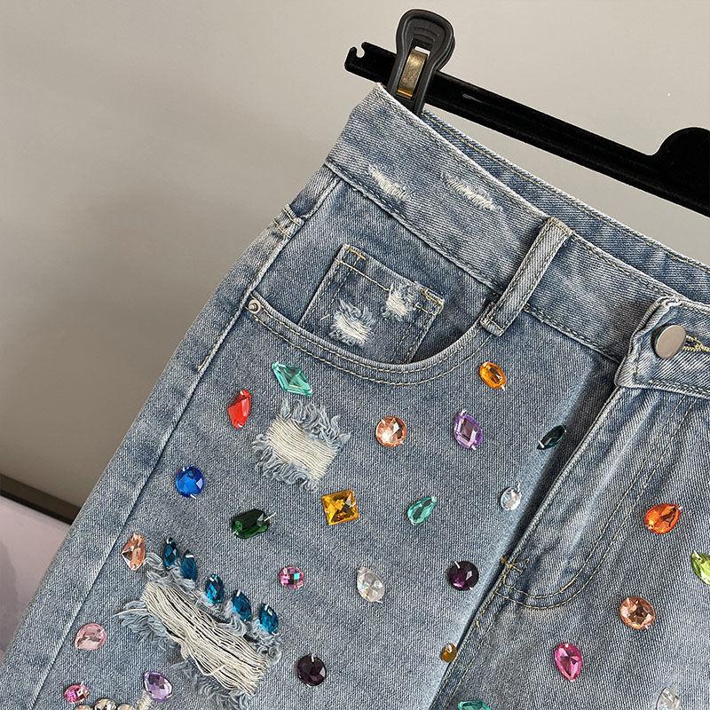 European Style High Waist Loose Fit Jeans Shorts with Colorful Diamond Inlaid Holes Summer Fashion Women's Pants