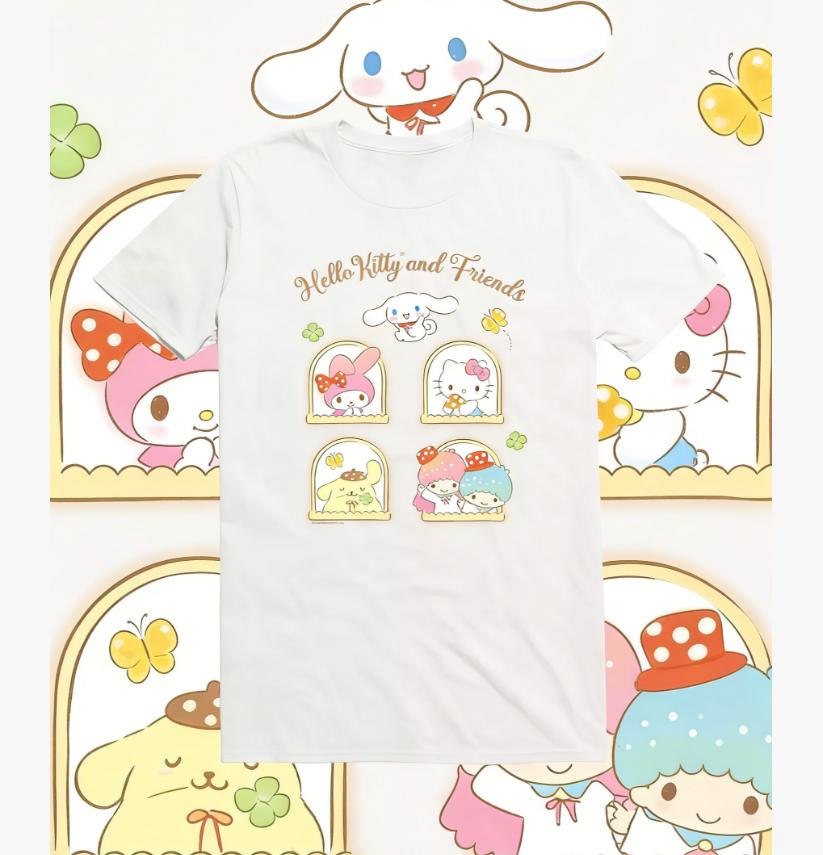 Sanrio 2026 Sommer Comic Form Hello Kitty Bild 100% Baumwolle Bedrucktes Lässiges T-Shirt Erwachsene Kinder ElternKind Oberteil Hauskleidung Y2k