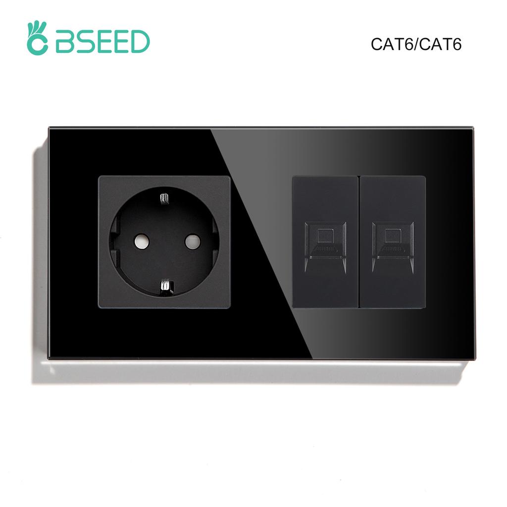 BSEED Dual Internet Sockets CAT6 Wall Socket EU Power Sockets Plus Network PC Data Computer Connecter Outlets Glass Panel
