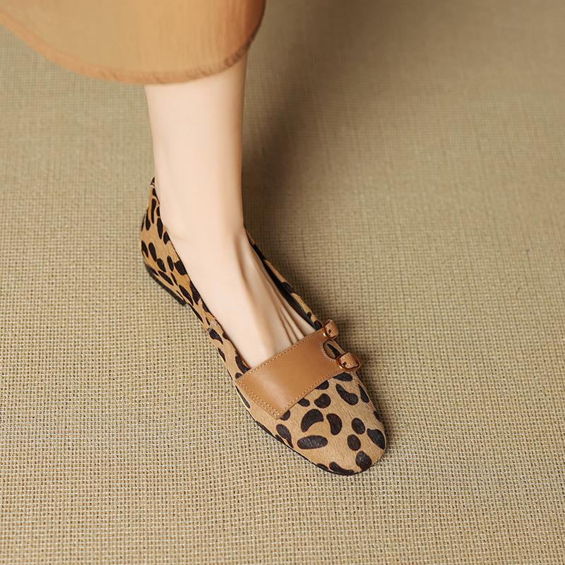 Fashion 2025 New Size 34-40 New Spring Autumn Women Pumps Round Toe Chunky Horsehair Leopard Shoes Concise Flats Comfortable Black Soft